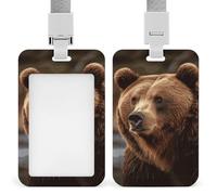 Vertical Grizzly Bear Badge Holder with Breakaway Lanyard Heavy-Duty Abs Id Card Protector Waterproof Clear Window for Nurse Teacher Office Worker Detachable for Id Badge Credit Card Transit Pass