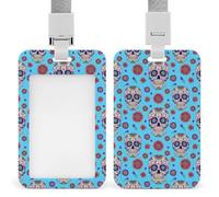 Vertical ID Badge Holder Case for Men Women, ABS Plastic Card Name Tag Mexican Sugar Skulls Day of The Dead Cross Flowers Green Credit Card Case Protector Pouch Office Accessories