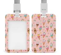 Vertical ID Card Badge Holder for Men Women Sliding Hard Plastic Card Case Protector Pouch with Detachable Lanyards, Cute Animals Ice Cream Sloth Panda Cat Pink