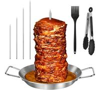Vertical Kebab Skewer Stand, 10 inch Stainless Steel Shawarma Gyro Barbecue Pan with 4 Removable Spikes(6”/8”/10"/12”), Kitchen Tongs & Brush, Kebab Skewer Maker for Grilling Meat, Chicken, Fish, Taco