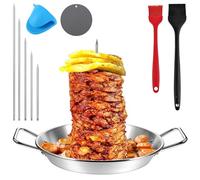 Vertical Kebab Skewer Stand,Vertical Meat Skewer Stainless Steel with 10in Barbecue Gyro Spits Pan,5 Stainless Steel Grill Rack Spikes,2 Oil Brush,Silicone Gloves,Heat Insulation Pad for Grilling Meat