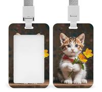 Vertical Kitten Hugging A Flower Badge Holder Heavy Duty Id Card Holder with Breakaway Lanyard Waterproof Name Tag Card Badge Holder Case Protector with Clear Window for Nurse Office