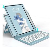Vertical Magnetic iPad 6th Generation 5th Gen Air 2 Pro 9.7 Keyboard Case iPad 9.7 inch Round Key Colour Keyboard Magnet Detachable Clear Back Cover with Pencil Holder (Misty Blue)
