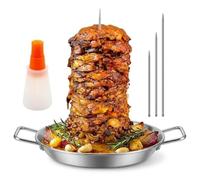 Vertical Meat Skewer, Stainless Steel Barbecue Spit Skewer Grill with 3 Removable Vertical Skewers (8", 10", 12")& A Oil Bottle Brush, Kebab Pan Shawarma Stand for Roasting Steak Chicken Fish (style3)