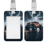 Vertical Monster Truck Black Sky Lightning Roar Badge Holder with Breakaway Lanyard Heavy-Duty Abs Id Card Protector Waterproof Clear Window for Nurse Teacher Office Worker Detachable for Id Badge Cre