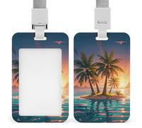 Vertical Palm Tree Island Badge Holder Heavy Duty Id Card Holder with Breakaway Lanyard Waterproof Name Tag Card Badge Holder Case Protector with Clear Window for Nurse Office