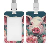 Vertical Pink Pig Badge Holder Heavy Duty Id Card Holder with Breakaway Lanyard Waterproof Name Tag Card Badge Holder Case Protector with Clear Window for Nurse Office