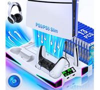 Vertical PS5/Slim/Pro Stand Cooling Station with Dual Controller Charging,3 Level Cooler Fan for PlayStation 5 Console,Multifunctional PS5 Accessories with Headset Holder and Storage Slots/RGB Light