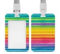 Vertical Rainbow Colored Striped Badge Holder with Breakaway Lanyard Heavy-Duty Abs Id Card Protector Waterproof Clear Window for Nurse Teacher Office Worker Detachable for Id Badge Credit Card Transi