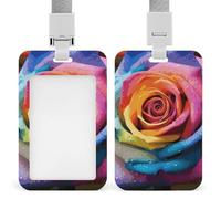 Vertical Rainbow Rose Flower Badge Holder with Breakaway Lanyard Heavy-Duty Abs Id Card Protector Waterproof Clear Window for Nurse Teacher Office Worker Detachable for Id Badge Credit Card Transit Pa