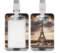 Vertical Romantic Paris Eiffel Tower Badge Holder with Breakaway Lanyard Heavy-Duty Abs Id Card Protector Waterproof Clear Window for Nurse Teacher Office Worker Detachable for Id Badge Credit Card Tr