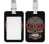 Vertical Skulls Day of The Dead Badge Holder with Breakaway Lanyard Heavy-Duty Abs Id Card Protector Waterproof Clear Window for Nurse Teacher Office Worker Detachable for Id Badge Credit Card Transit