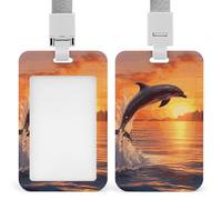 Vertical Sunset Dolphin Badge Holder with Breakaway Lanyard Heavy-Duty Abs Id Card Protector Waterproof Clear Window for Nurse Teacher Office Worker Detachable for Id Badge Credit Card Transit Pass