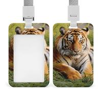 Vertical Tiger Laying on The Grass Badge Holder with Breakaway Lanyard Heavy-Duty Abs Id Card Protector Waterproof Clear Window for Nurse Teacher Office Worker Detachable for Id Badge Credit Card Tran