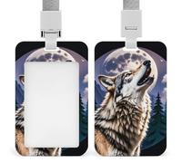 Vertical Wolves Howl at The Moon Badge Holder with Breakaway Lanyard Heavy-Duty Abs Id Card Protector Waterproof Clear Window for Nurse Teacher Office Worker Detachable for Id Badge Credit Card Transi