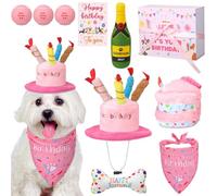 Vertintong 10 Pcs Dog Birthday Toy Set Plush Pet Birthday Gifts for Small Medium Dog Cake Bone Wine Bottle Hat Bib Ball Card Ribbon with Box for Squeaky Dogs Pet Toy Party Supplies (Pink)