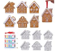 Vertintong 12 Pcs Ceramic Gingerbread House Paint Kit Ornament, Fresh | Unfinished DIY Gingerbread House Kit, Includes Brushes and Paints, Hangable with Red Ribbons, Paint Ceramic Christmas Village