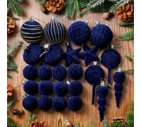 Vertintong 24 Pcs Velvet Christmas Ornaments Ball Set Shatterproof Christmas Tree Decorations Assorted Flocked Xmas Baubles Decorations Xmas Holiday Party Wedding Decor (Navy Blue)