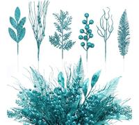 Vertintong Teal 66 Pcs Christmas Glitter Picks and Sprays, Xmas Artificial Floral Stems Branches Berry Leaf Pine for Tree Topper Wreath Garland Centerpiece Holiday Party Home Decor