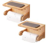 VERTORGAN 2 Pack Toilet Paper Holder with Phone Shelf,Bamboo Wall Mounted Tissue Roll Holder for Bathroom,Adhesive or Screw (Natural)