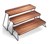 VERTORGAN 3 Tier Acacia Wood Serving Stand with Collapsible Black Metal Frame, Rectangular Tiered Charcuterie Platter, Decorative Cupcake & Dessert Display Tray for Party Buffet 15.75 Inch
