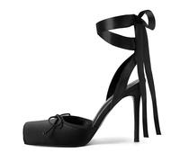 Vertundy Women's Satin Ballet Heels Lace Up Square Toe Stiletto High Bow Ballerina Heels, Black, 7 UK