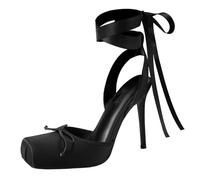 Vertundy Women's Satin Ballet Heels Lace Up Square Toe Stiletto High Bow Ballerina Heels, Black, 9 UK