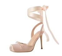 Vertundy Women's Satin Ballet Heels Lace Up Square Toe Stiletto High Bow Ballerina Heels, Champagne Gold, 8 UK