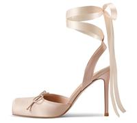Vertundy Women's Satin Ballet Heels Lace Up Square Toe Stiletto High Bow Ballerina Heels, Champagne Gold, 6 UK