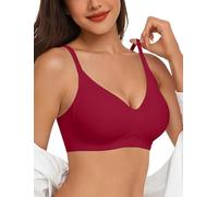 Vertvie Seamless Bra Women's Without Underwire Comfortable Push Up Soft Bra V Neck Soft Bustier Seamless Bra Ultra Comfortable Padded Bralette T-Shirts, 1 piece: red, L