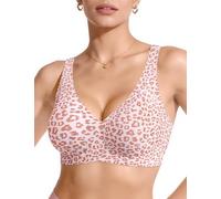 Vertvie Wireless Jelly Bras for Women Seamless Push Up Bra Deep V Plunge T Shirt Bras Non Wired Soft Support Full Coverage Everyday Bralettes (Leopard Pink,XS)