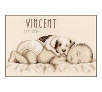 Vervaco Baby Cross Stitch Kit - Wall Art Approx. 26 x 20 cm Baby and Puppy - DIY Kit Crafts Adults Decoration Kit Cross Stitch Baby Birth Complete Christmas Gift