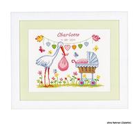 Vervaco Counted Cross Stitch Kit – Birth Record Stork and Pram – Multi-Colour