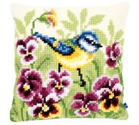 Vervaco Blue Tit on Pansies Cross Stitch Cushion, Multi-Colour