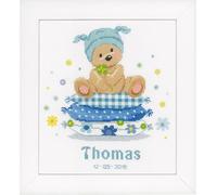 Vervaco Counted Cross Stitch: Birth Record: Bear On Pillow, COTTON NA, 22 x 24cm