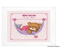 Vervaco Counted Cross Stitch: Birth Record: Little Bear in Hammock (Pink), COTTON, NA, 21 x 24cm