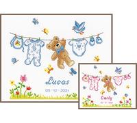 VERVACO Counted Cross Stitch DIY Gift Baby Personalised Birth Bear Complete Embroidery Kit DIY Home Decoration Approx. 22 x 20 cm Cross Stitch, Cotton, Multicoloured