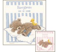 Vervaco Counted Cross Stitch Kit - Birth Record: Popcorn Bear & Soufflé Duck - Cotton - 16 x 13 cm