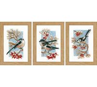 Vervaco Counted Cross Stitch Kit: Long-Tailed Tits & Red Berries: Set of 3, Cotton, NA, 8 x 12cm, N