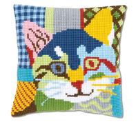 Vervaco Cross Stitch Cushion Cat Patchwork, Outlined Cross Stitch Kit Cushion Vorbeze Nice, Cotton, multicoloured, 40 x 40 x 0.3 cm