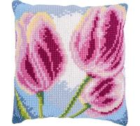 Vervaco Cross Stitch Cushion Kit 3 Tulips Embroidery Set Beginners Cushions Decorative Gobelin Cushions Approx. 40 x 40 cm Accessories for Crafts DIY Home Decor Hobby Adults Cross Stitch