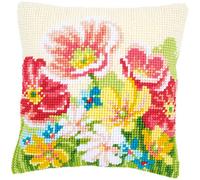 Vervaco Cross Stitch Cushion Satin Summer Flowers Sampler Cross Stitch Kit Cushion Vorbeze Nice, Cotton, multicoloured, 40 x 40 x 0.3 cm
