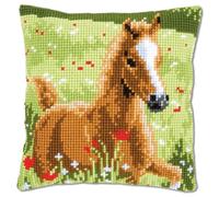 Vervaco Cross Stitch Cushion with Foal, Outlined Cross Stitch Kit Cushion Vorbeze Nice, Cotton, multicoloured, 40 x 40 x 0.3 cm