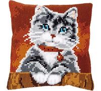 Vervaco Cross Stitch Embroidery Kits Cushion Embroidery Set Beginners Pre-Printed Cat with Collar DIY Set Creative Set for Adults 40 x 40 cm Craft Kit Craftsman Home Decoration