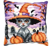 VERVACO Cross Stitch Embroidery Kits Cushion Embroidery Set Beginners Pre-Printed Halloween Kitten DIY Set Creative Set for Adults Decorative Cushion 40 x 40 cm Craft Set Craftsman Home Decoration
