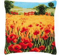 Vervaco Cross Stitch Embroidery Kits Cushion Embroidery Set Beginners Pre-Printed Poppies Landscape DIY Set Creative Set for Adults 40 x 40 cm Craft Kit Craftsman Home Decoration