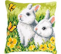 Vervaco Cross Stitch Embroidery Kits Cushion Embroidery Set Beginners Pre-Printed Rabbits and Butterflies DIY Set Creative Set for Adults 40 x 40 cm Craft Kit Craftsman Home Decoration