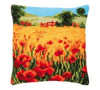 Vervaco Cross Stitch Embroidery Kits Cushion Embroidery Set Beginners Pre-Printed Poppies Landscape DIY Set Creative Set for Adults 40 x 40 cm Craft Kit Craftsman Home Decoration