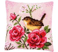 Vervaco Cross Stitch Kit Cushion Complete Set Bird and Roses Decoration Manual Embroidery Kit Adult Art Creative Gift DIY Cross Stitch Embroidery ca. 40 x 40 cm