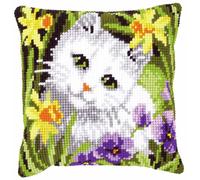 Vervaco Cross Stitch Kit: Cushion: White Cat in Daffodils, Cotton, NA, 40 x 40cm